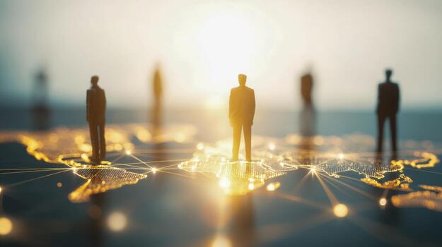 Global Business Network Miniature Figures Stand on Illuminated World Map Representing International Connections photo