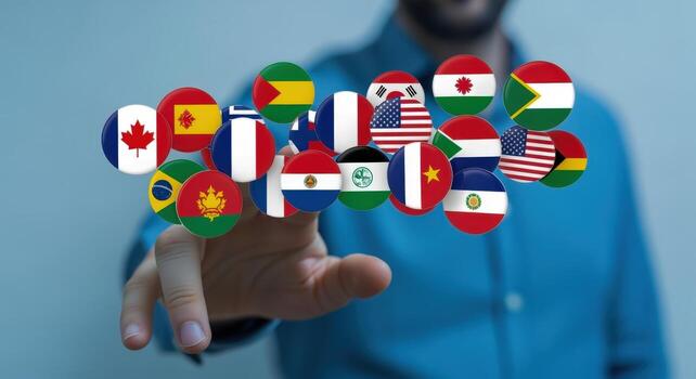 Global Communication Concept Man Reaching for International Flags Representing Cultural Diversity and Worldwide Connection photo
