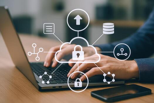 nube seguridad y datos administración hombre mecanografía en ordenador portátil con ciber seguridad íconos foto