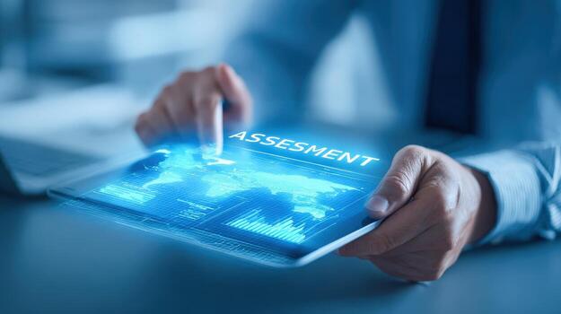 Digital Assessment Technology Man Interacts with Futuristic Tablet Displaying Global Data and Assessment Metrics photo