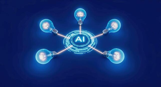 Artificial Intelligence Concept with Light Bulbs Radiating from AI Core on Dark Blue Background photo