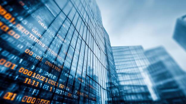 Modern Corporate Architecture with Digital Overlay A Futuristic Vision of Technology and Business Innovation photo