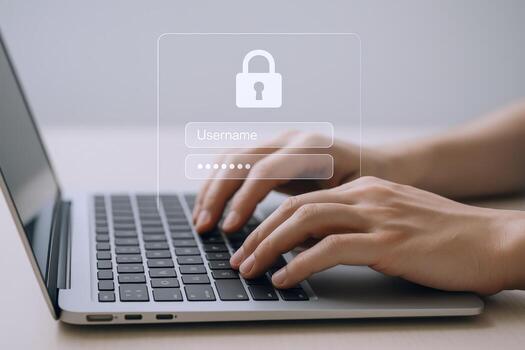 Data protection concept illustrating digital login with secure credentials and cybersecurity on computer photo