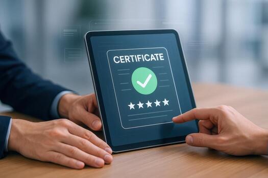 Online Certificate on Tablet Display with a Hand Touching the Screen, Achieving Excellence and Recognition photo