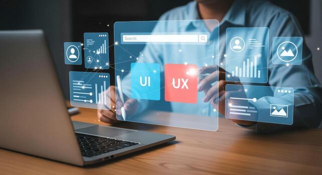 UI UX design technology concept, Designer using augmented reality interface for user experience design photo