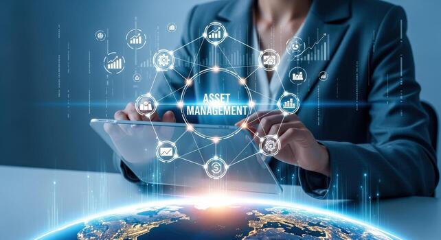 Asset Management Digital Transformation Businesswoman Using Tablet with Futuristic Interface and Global Network photo