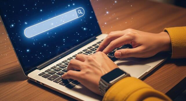 Searching the Internet on a Laptop Hands Typing with Search Bar Graphic Overlay on Screen photo
