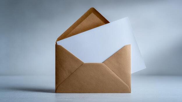 Open Brown Envelope with Blank White Card Mockup for Business Communication and Invitations photo