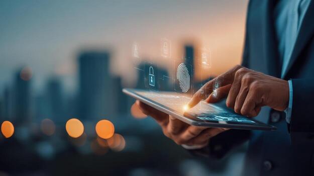 Businessman using tablet with digital security features for secure data access and authentication photo