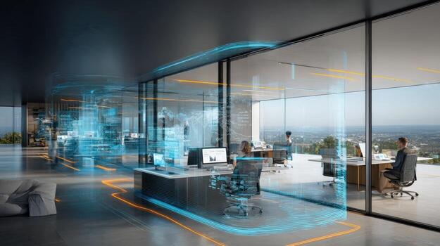 Modern Open Office Space with Data Visualization Overlay, High-Tech Design, Collaboration and Innovation photo