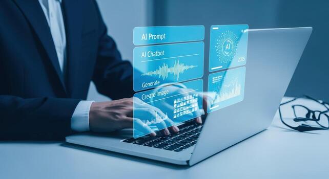 empresario utilizando alimentado por ai software en ordenador portátil para datos análisis y negocio soluciones en moderno oficina foto