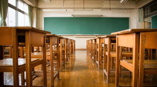 Empty Classroom with Wooden Desks and Chalkboard, Ideal for Educational Backgrounds and School Themed Visuals photo