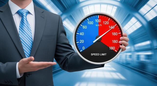 Businessman Displaying Speedometer Indicating High Speed, Representing Performance, Efficiency, and Exceeding Limits in Business photo