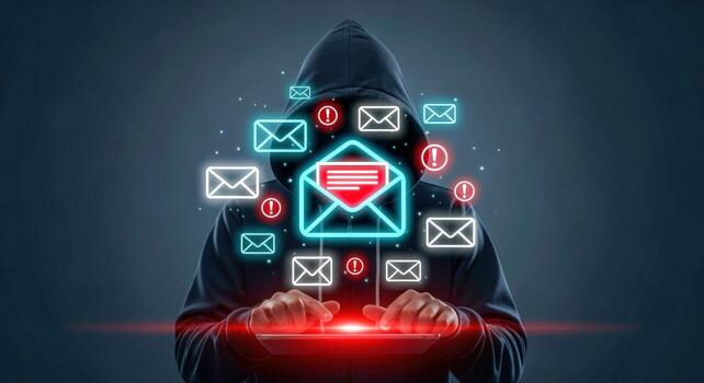 Cybersecurity Threat Anonymous Hacker Sending Spam Emails, Representing Phishing Attacks and Data Breaches, Conceptual Security photo