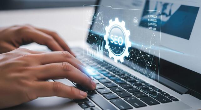 Hands Typing on Laptop with SEO Graphic Overlay Digital Marketing and Optimization Concept photo