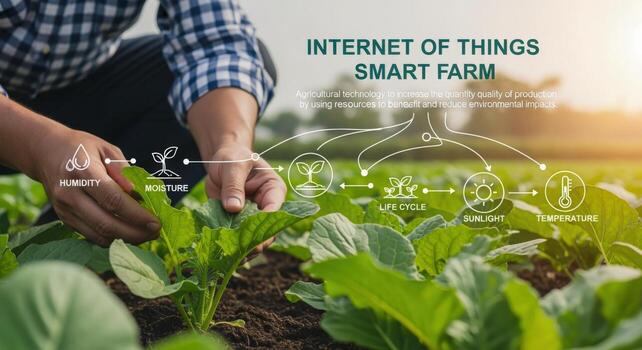 Smart Farming Technology Farmer Monitoring Crops with Internet of Things Sensors in Agricultural Field photo
