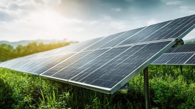 solar paneles formación generando limpiar energía en un verde campo en un soleado día foto