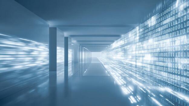 Abstract Data Stream Corridor Futuristic Tunnel with Binary Code for Technology and Innovation photo