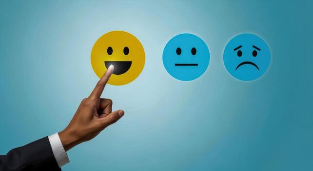 Customer Satisfaction Feedback Interface Business Hand Selecting Positive Emotion, Happy Smiley Face on Blue Background photo