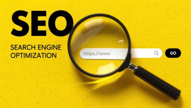 Search Engine Optimization Concept Magnifying Glass Focuses on Website Address on Yellow Background photo