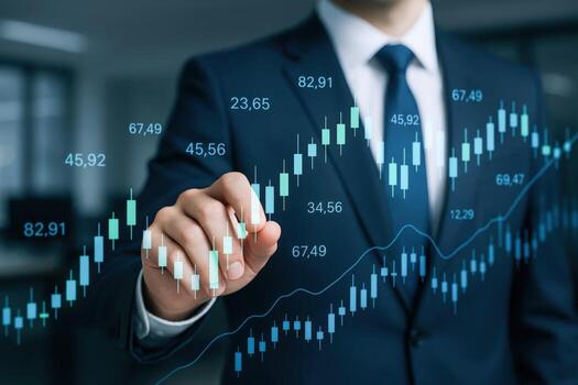 Financial Growth Visualization Businessman Analyzing Stock Market Trends with Interactive Data Charts and Investment Strategy photo