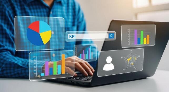 Analyzing Key Performance Indicators A Businessman Reviews Data on Laptop with Graphical Interface Overlay photo