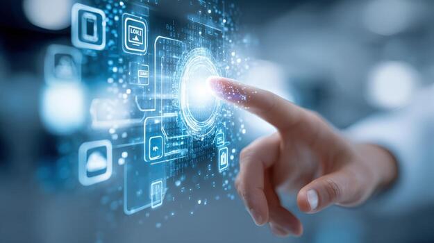 Finger touching a digital interface button, activating data network and online information access point photo