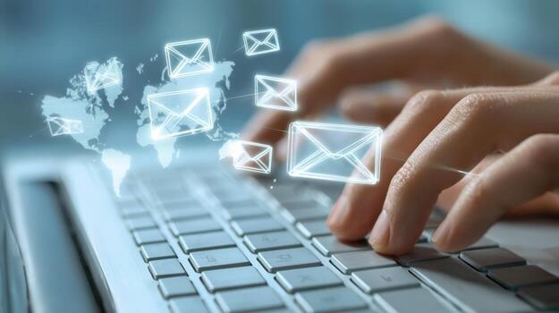 Hands Typing on Laptop Sending Digital Emails Around the World, Communication and Global Network photo