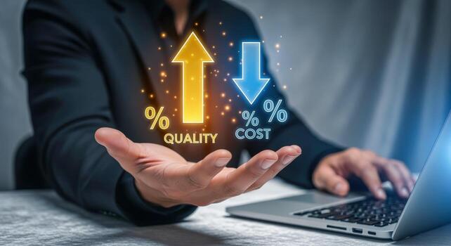 Quality Improvement and Cost Reduction Strategy Shown with Arrows Over Mans Hand While Using Laptop photo