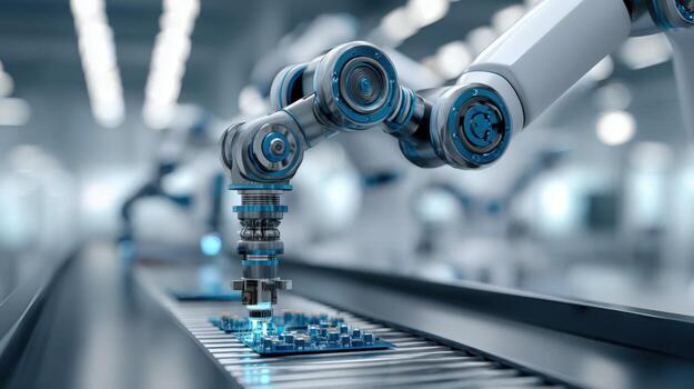 Automated Robotic Arm Precision Placement of Electronic Component on Conveyor Belt in Futuristic Factory photo