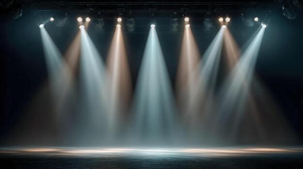 Stage Lights Illuminate Empty Theater, Creating Dramatic Atmosphere Perfect for Performance or Presentation photo