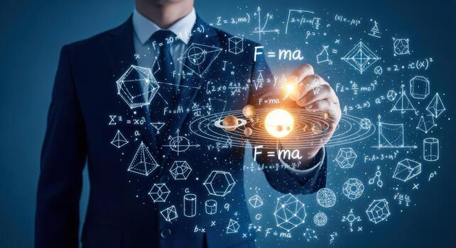Man in Suit Demonstrating Scientific Formulas and Mathematical Concepts with Glowing Light, Representing Science and Technology photo