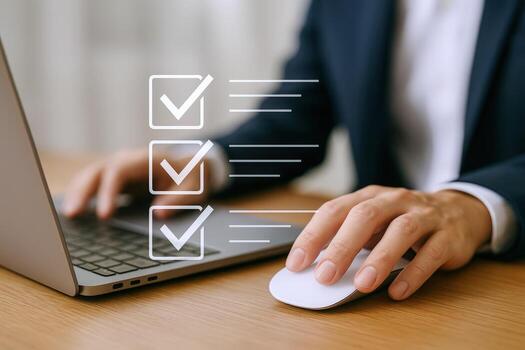 Checklist Approval Concept Businessman Completes Tasks on Laptop with Digital Checkmarks, Signifying Efficiency and Project Management photo