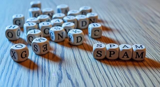 Cubes spelling out SPAM and some random letters Scam or junk concept with copy space photo