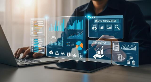 Data Analyst Visualizing Information and Financial Statistics on a Modern Interface for Business Growth photo
