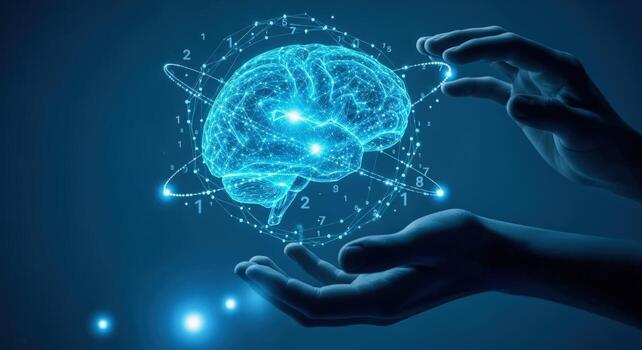 Human Brain Digital Hologram Projection Displayed Over Open Hands Represents Artificial Intelligence and Innovation photo