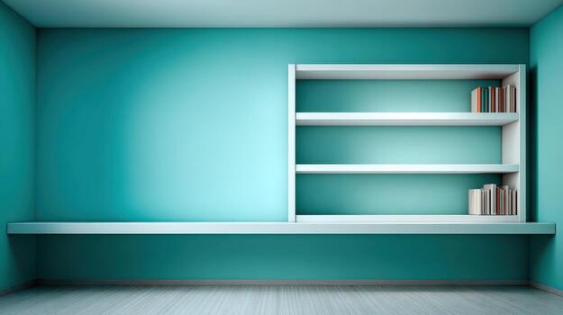 Minimalist Room Interior with Empty Bookshelf and Teal Wall, Ideal for Mockups and Presentations photo