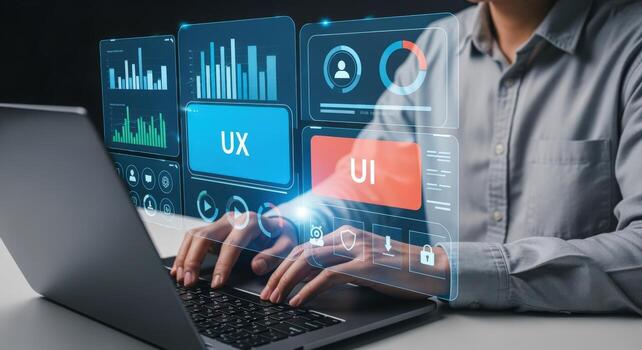 Professional using laptop, interacting with UI and UX interfaces, data analysis and system management in cyberspace photo