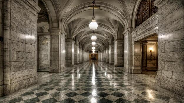 Elegant Marble Hallway with Arched Ceiling and Reflected Light, showcasing Interior Architecture photo