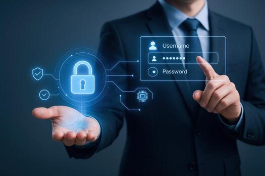 Cybersecurity Expert Displaying Data Protection with Digital Interface Safeguarding Information in the Digital Age photo