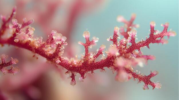 Delicate Pink Seaweed Branch Close-Up Marine Algae Texture with Soft Light and Detailed Structure photo