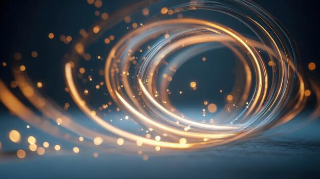 Dynamic Light Trails Abstract Golden Swirls and Bokeh Effects on Dark Blue Background photo