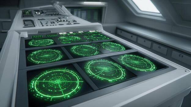 Futuristic spaceship console interface featuring multiple green radar screens displaying technical data and spatial information photo