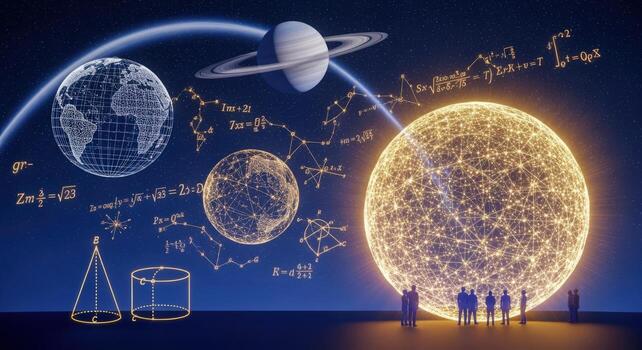 Conceptual Visualization of Space, Planets, Mathematical Formulas, and Silhouetted Figures Observing the Cosmos photo
