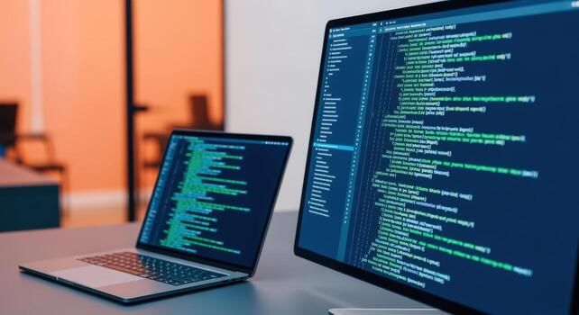 codificación espacio de trabajo preparar presentando un ordenador portátil y computadora mostrando software código para desarrolladores foto