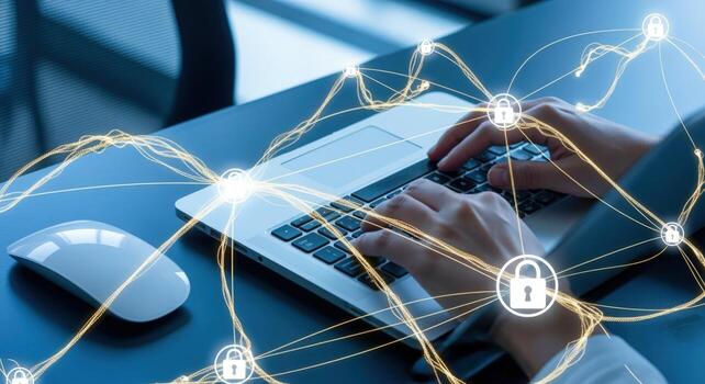 Cybersecurity Concept Person Typing on Laptop with Network of Padlocks Illustrating Data Protection photo