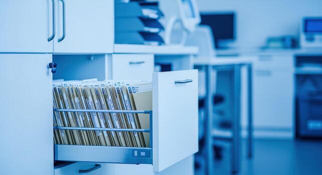 Filing Cabinet Drawer Open with Organized Files in Office Setting, Documents and Information Management photo