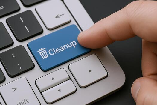 Cleanup Button Press Finger Activating a Computer Keyboard Key for Maintenance and Optimization photo