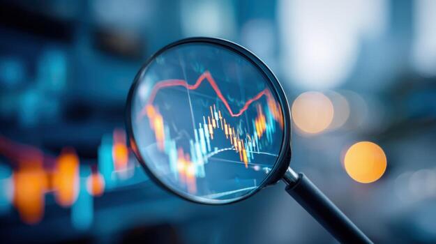 Magnifying Glass Focuses on Financial Chart Analysis, Indicating Market Trends and Investment Strategies photo