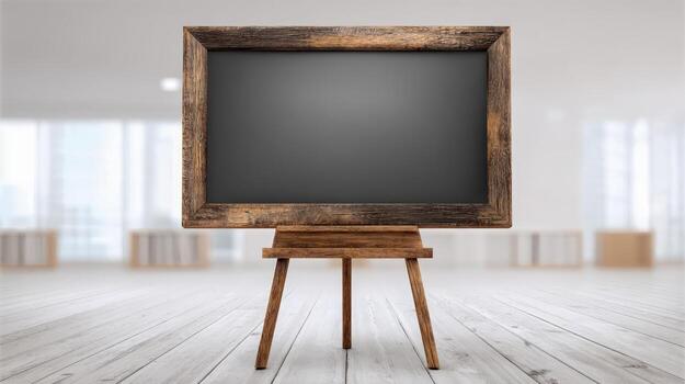 Wooden Framed Blank Chalkboard Display on Easel in Bright Room Mockup for Art or Message photo